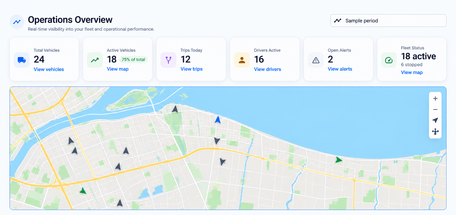 Illustrative Fleet operations dashboard with sample vehicle counts and a fictional map showing vehicle locations